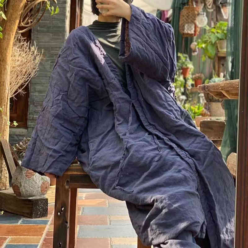 

Johnature Women Warm Cotton Linen Vintage Parkas V-Neck Robes Spring Loose Retro Navy Blue Women Parkas 210521, Gray blue
