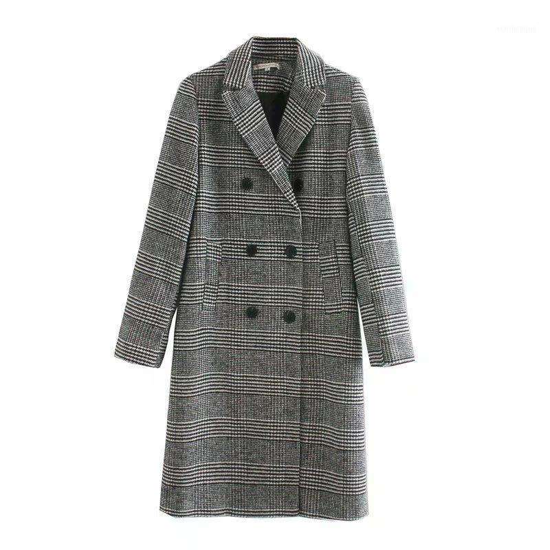 

Women' Wool & Blends 2021 Autumn Lapel Collar Long Sleeve Double Breasted Plaid For Retro All Match Causal Warm Jacket, Blackwhite