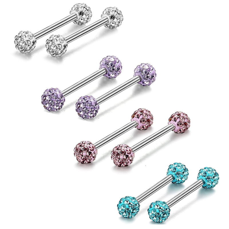 

Stainless Steel Tongue Ring Barbell Fully-jewelled Women Body Piercing Studs