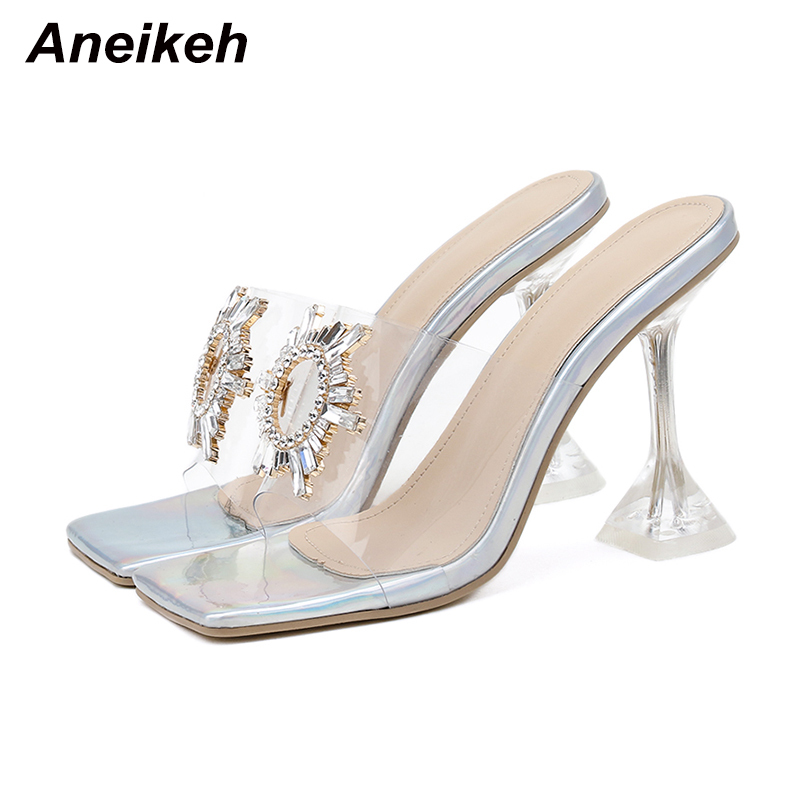 

Summer Woman PVC Jelly Shoes Transparent Feather Perspex Crystal High Heels Peep Toe Mules Ladies Slides Size 42 210507, Silvery