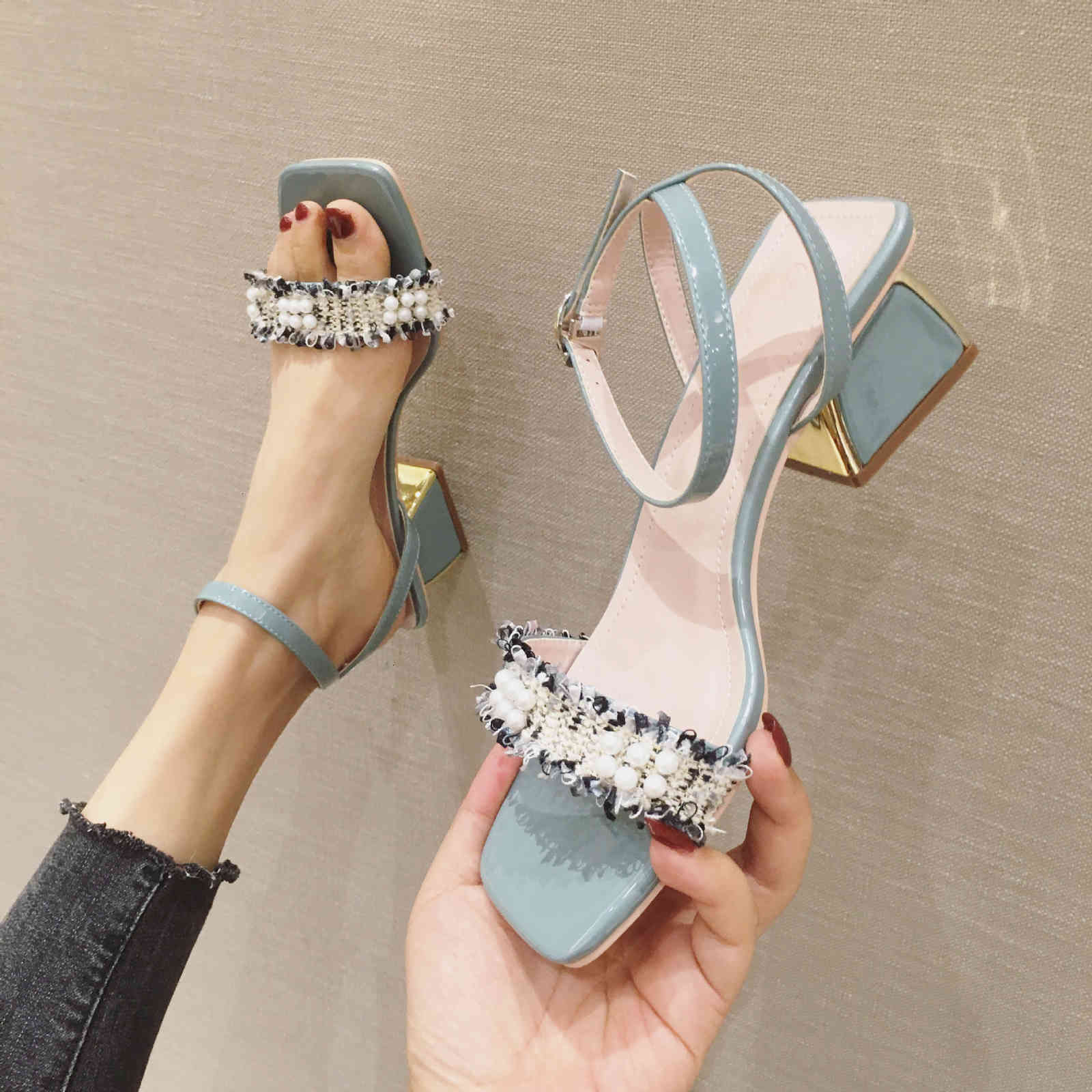 

fairy Sandals Thick heel sandals summer versatile fashion open toe pearl one line with net red high heels RFRZ, 1# shoe box