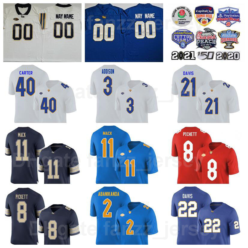 

NCAA College Football Pittsburgh Panthers Jersey Men University 8 Kenny Pickett 2 Israel Abanikanda 22 Vincent Davis 21 AJ 40 Daniel Carter 11 Taysir Mack 3 Addison, Blue