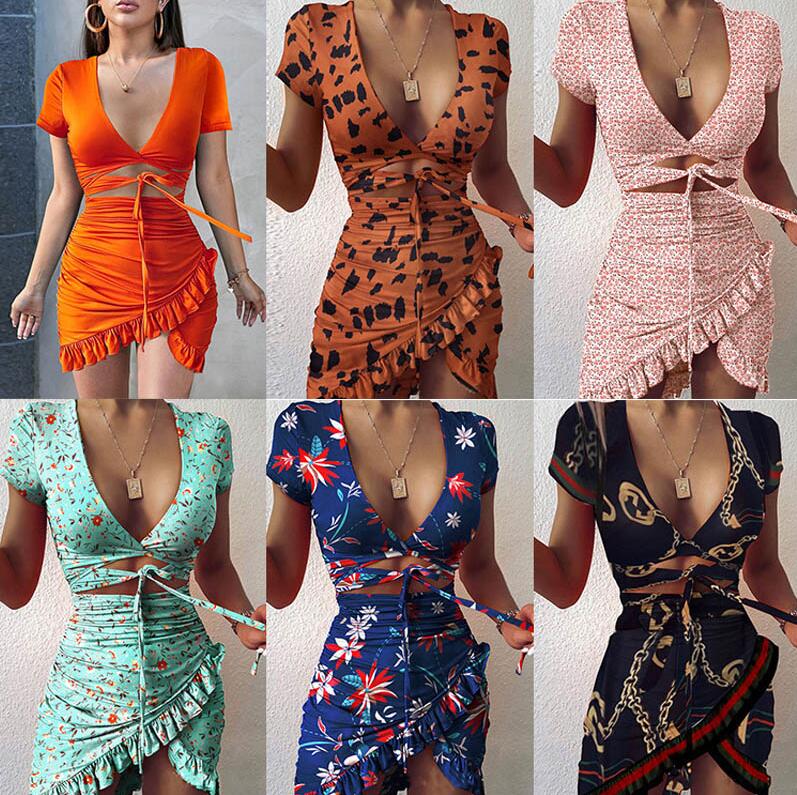 

Floral Print Fashion Tie Up Women's Dress Wrap Mini 2021 Summer Holiday Ruffles Sundress Ruched Short Sleeve S-3XL 051901 2pcs, As picture