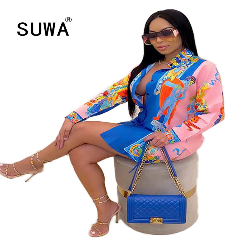 

Women Shirt Blouses Dress Long Sleeve Turn-down Collar Print Casual Button Fashion Plus Size Office Ladies Tunic Work Female 210525, Multi