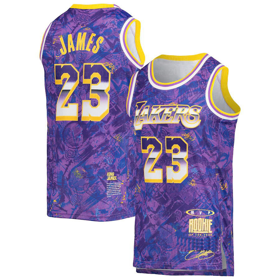 

Men's Los Angeles Lakers Jersey LeBron 23 James Purple Select Series MVP Swingman Philadelphia 76ers Allen Flames Iverson, Black;red