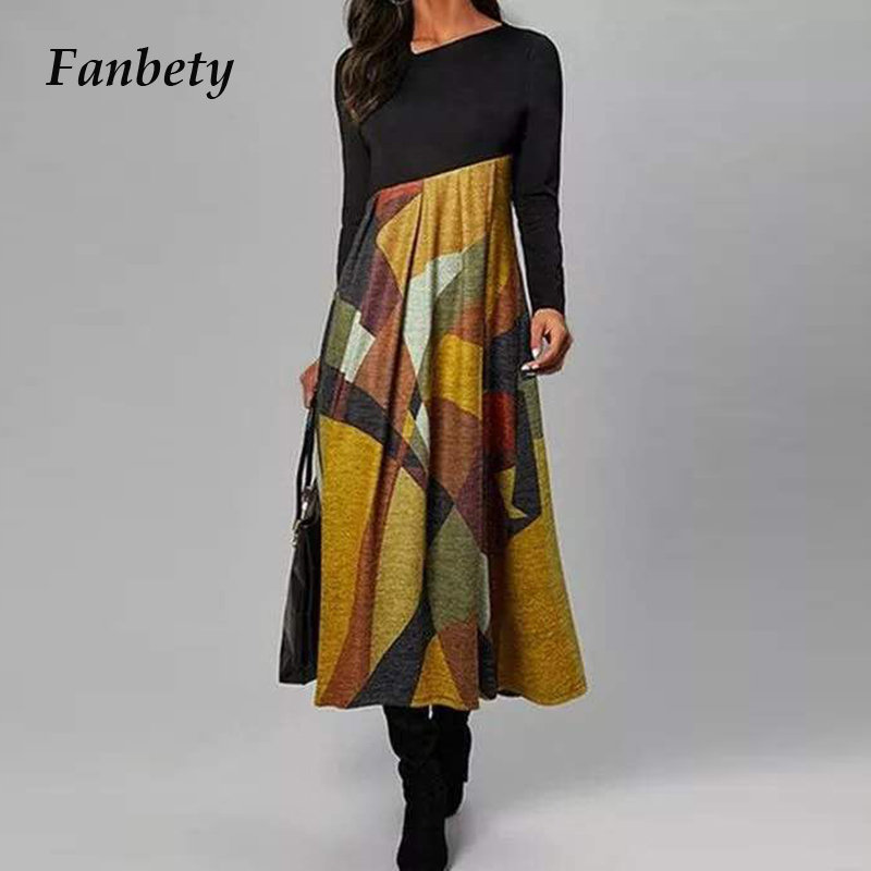 

Women Elegant Cross V-Neck Print A-Line Dress Autumn Winter Vintage Long Sleeves Slim Party Dresses Female Casual Loose Vestidos, 08 print black