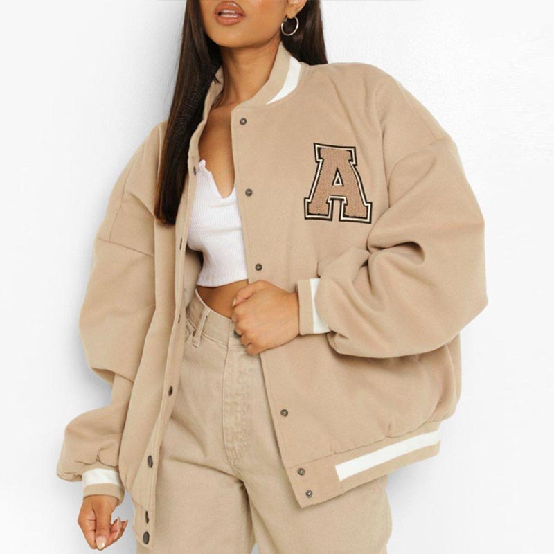 

Women Baseball Uniform Jacket Autumn And Winter Fleece Thickened Letter Embroidery Womens New Bomber Jacket Fashion Retro Street Style Coat, Apricot green