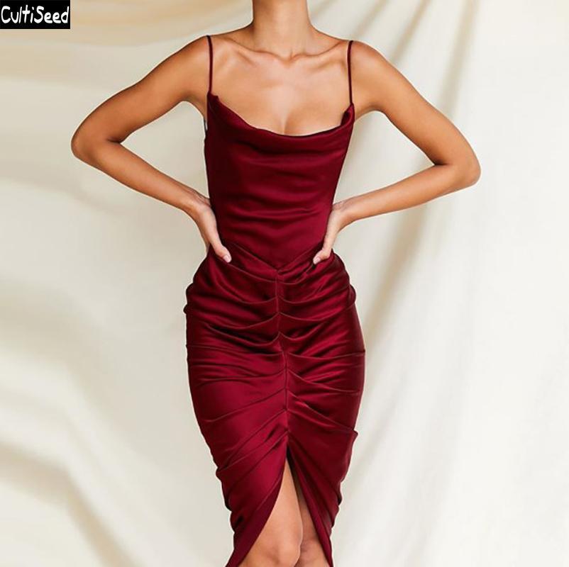 

Casual Dresses Cultiseed Women Sexy Strapless Spaghetti Strap Off The Shoulder Solid Color Pleated Irregular High Split Party Long, Wine red