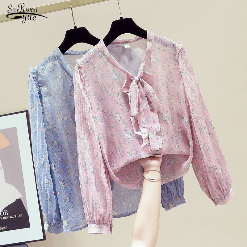 

Women' Long Sleeve Korean Style Sweet V-neck Shirt Elegant Ruffled Lace-up Chiffon Floral Blouse Blusas 11146 210521, Pink