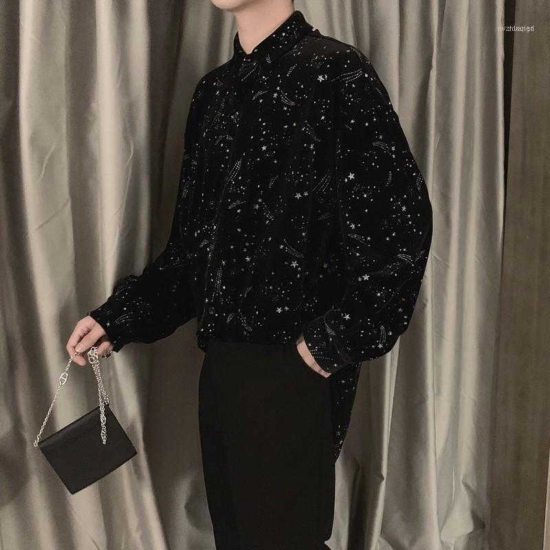 

Men' Casual Shirts Black Blouse Men Clothes 2021 Spring Korean Style Unique Star Shining Velvet Mens Loose Tops Long Sleeve1