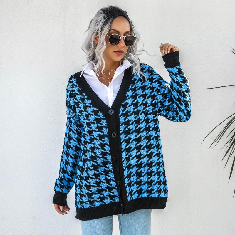 

Women's Knits & Tees 2021 Autumn Winter Style European And American Fashion Casual Houndstooth V-neck Single-breasted Knitted Cardigan, Khaki