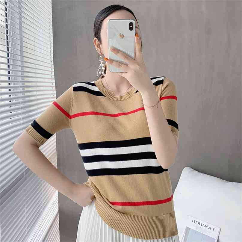 

knitted striped short-sleeve t-shirt women loose wild round neck cotton and linen half sleeves Wool sweater top 210720, Khaki