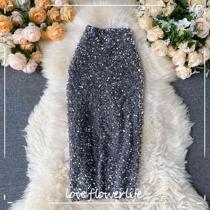 

Korean Elegant Mid Length Bodycon Jupe Spring Sexy Femme Trend High Waist Slim Shinny Skirt Women Sequins Pencil Skirts 210521, Silver
