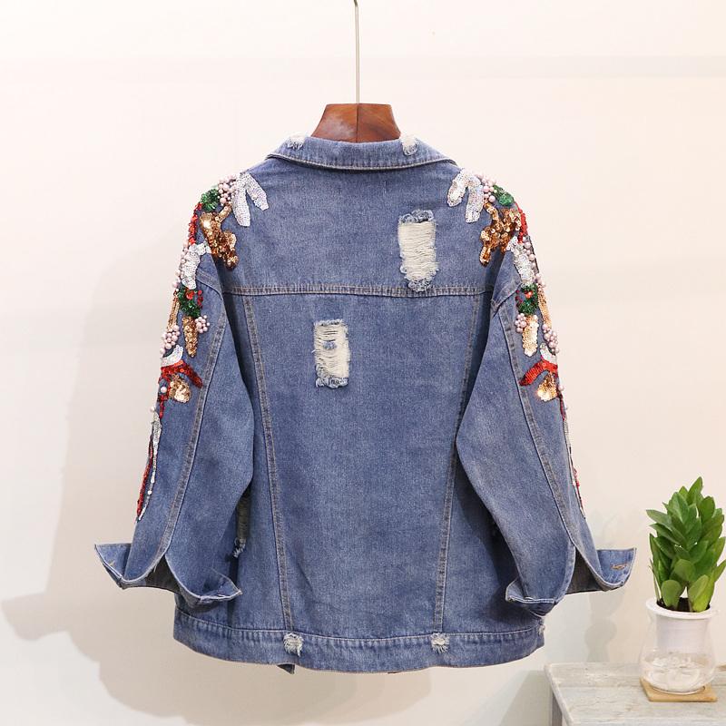 

Women's Jackets 2021 Spring Autumn Women Fashion Beaded Sequins Denim Jacket Loose Outwear Female Embroidery Jeans Streetwear Q1376, Blue