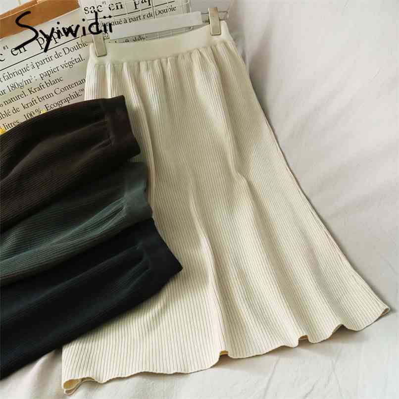 

Elastic High Waist Skirt Women Mid-Calf Casual A-Line Solid Black Green Spring Summer Korean Fashion Skirts 210607, Beige
