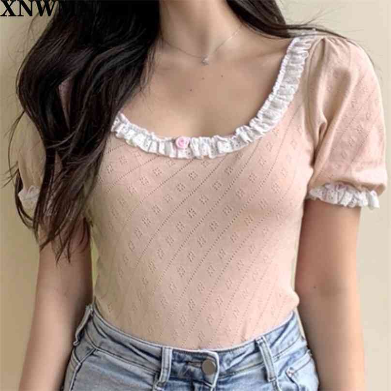 

Retro Knitted Women T-shirt Elegant Lace Patchwork women Tshirt Vintage Half Sleeve tshirt harajuku Tee 210520, Pink