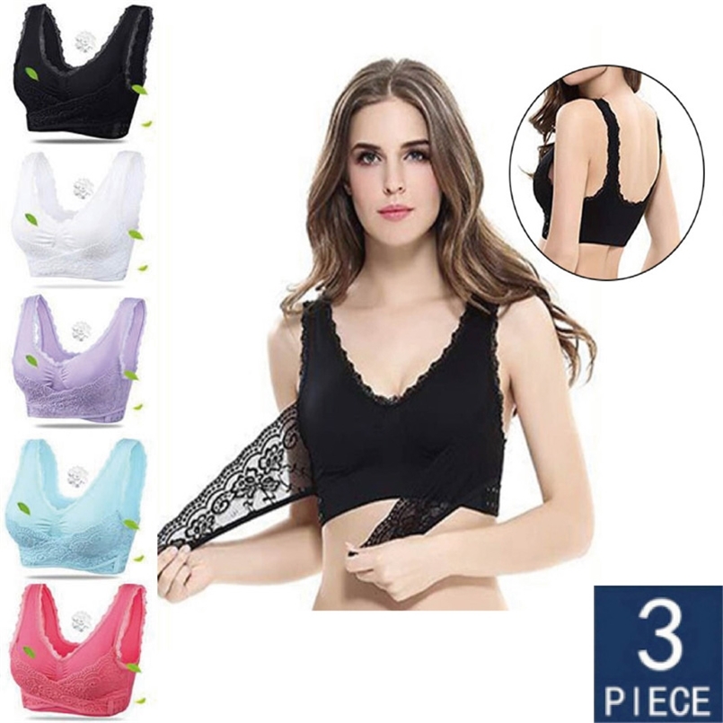 

3pcs/set Push Up Bras for Women Lace Solid Color Cross Side Buckle Wireless Plus Size Women Sleep Bra Soft Bralette Top 211110, Group 14