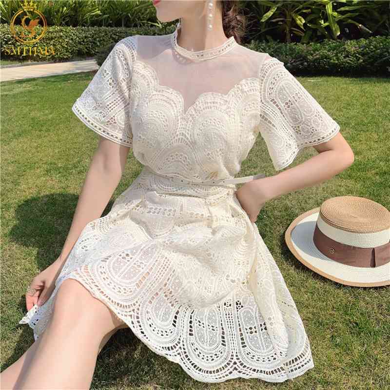 

Arrival Lace Embroidery Summer Dresses Women's Elegant Short Sleeve High Waist Slim Mini Dress Vestidos 210520, Picture color