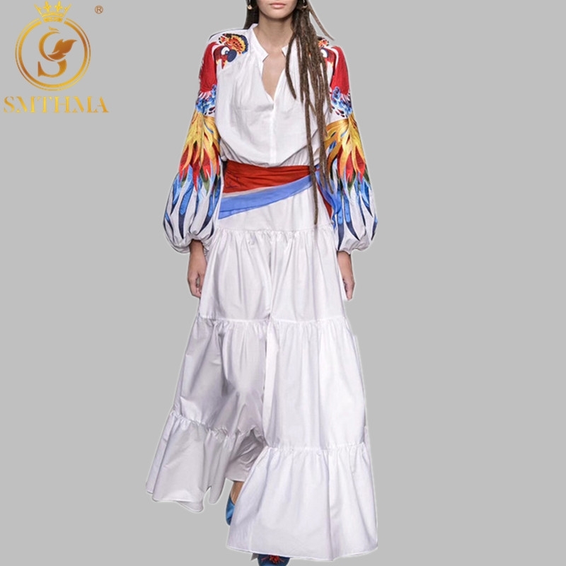 

High Quality Luxury Design Runway Female Elegant Embroidery Women Dress Lantern Sleeve Waist Maxi Long Dresses 210520, Photo color