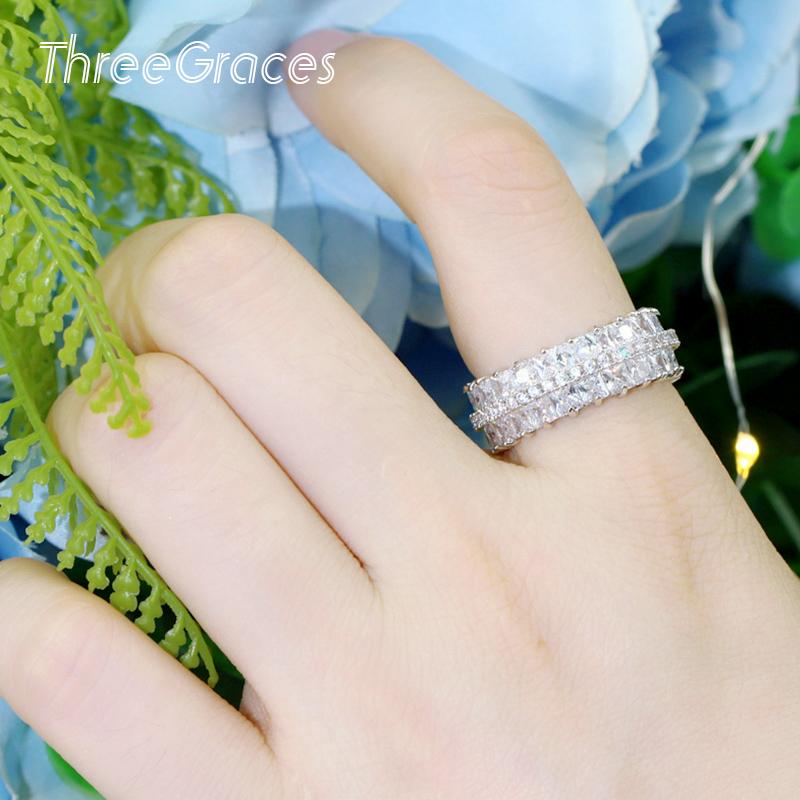 

Cluster Rings ThreeGraces Unique Multiple Square Cubic Zirconia Crystal White Gold Color Big Round Band Female Party Jewelry RG134, Golden;silver