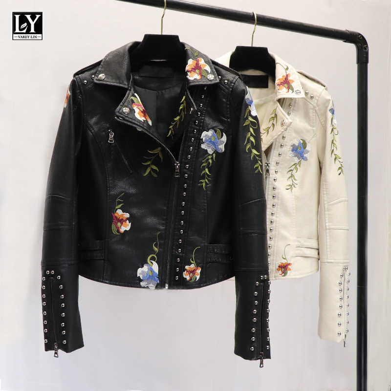 

LY VAREY LIN Spring Women Floral Print Embroidery Faux Leather Jacket Turn-down Collar Pu Motorcycle Black Punk Outerwear 210526
