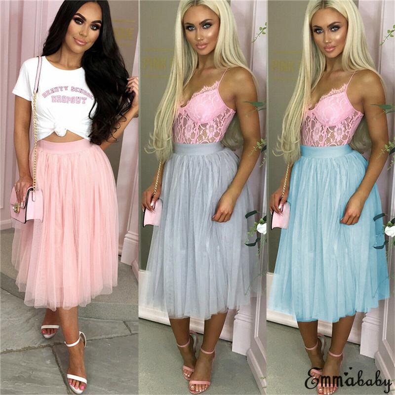 

Skirts Eleghant Women' High Waist Pleated Pure Color Elastic Tulle Tutu Ladies Swing Plain Mid-Calf, Blue