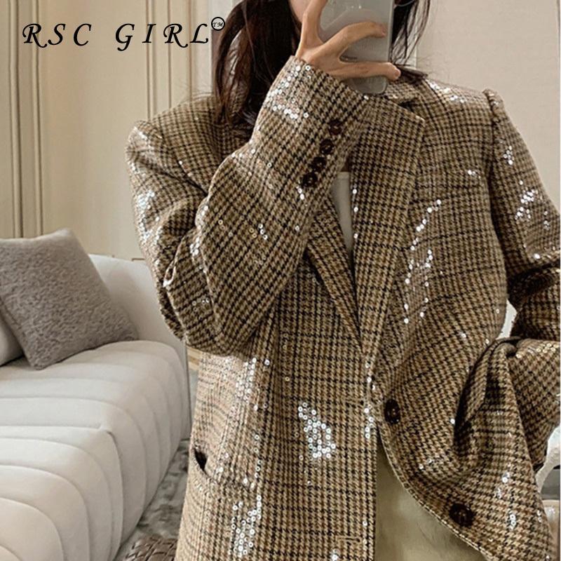 

Women' Suits & Blazers RSC GIRL Blazer 2021 Autumn Plaid Sequin Suit Coat Laple Collar Full Sleeve Loose England Style For Clothing Arrival, Brown