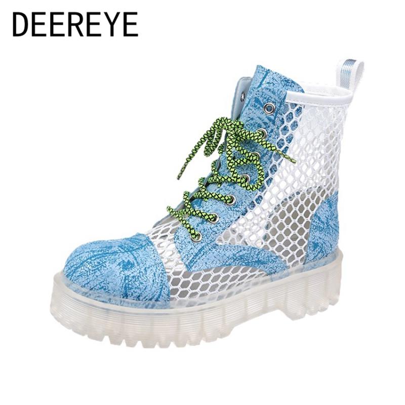 

Boots Women Lace Up PU Mesh Multicolor Printing Ankle Short Transparent Sole Flat Casual Breathable Heel For Daily Street Style, Black