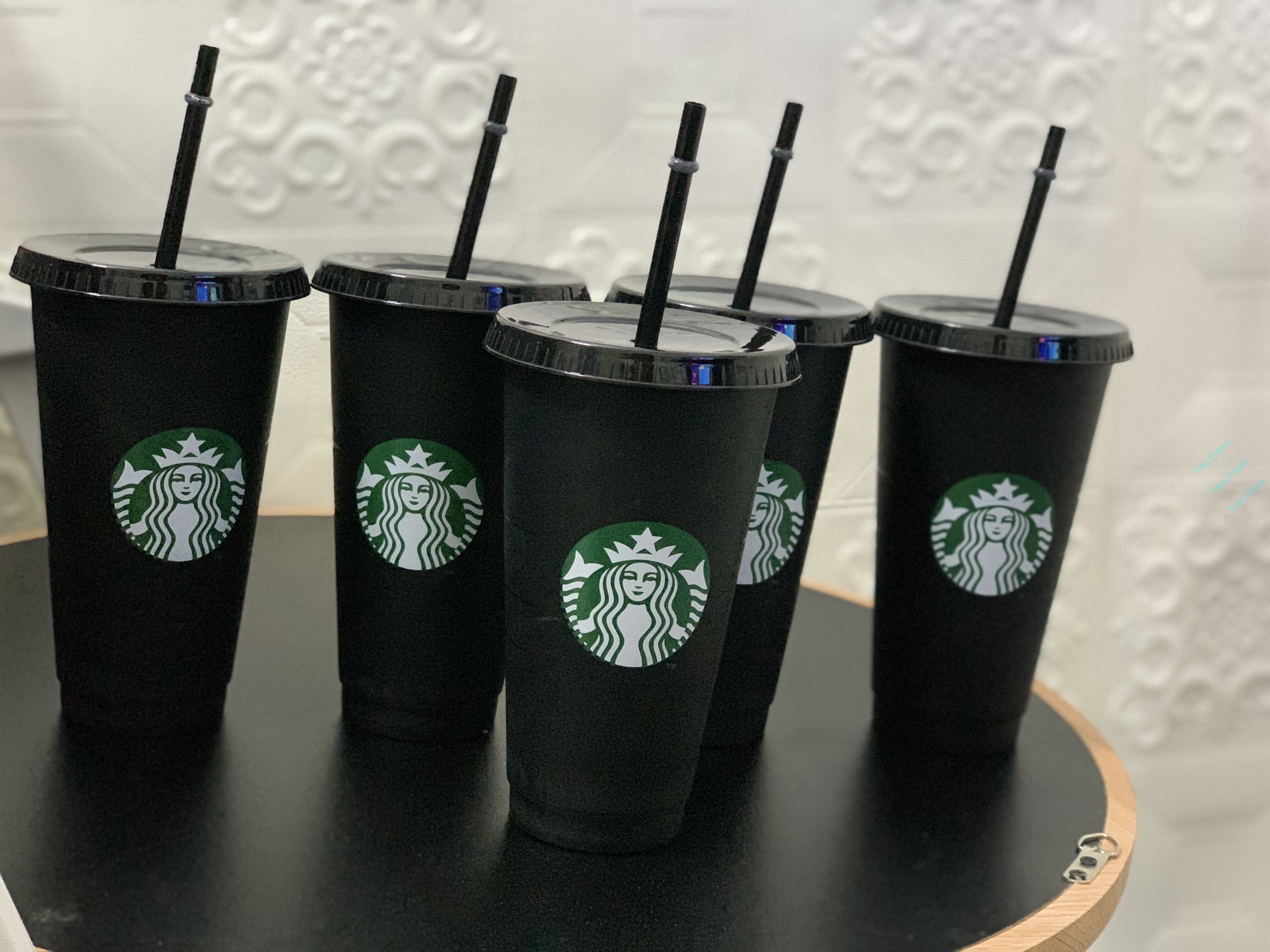 

Starbucks 24oz/710ml Plastic ,Tumbler Reusable Black, Drinking Flat Bottom Cup Pillar Shape Lid Straw Mug
