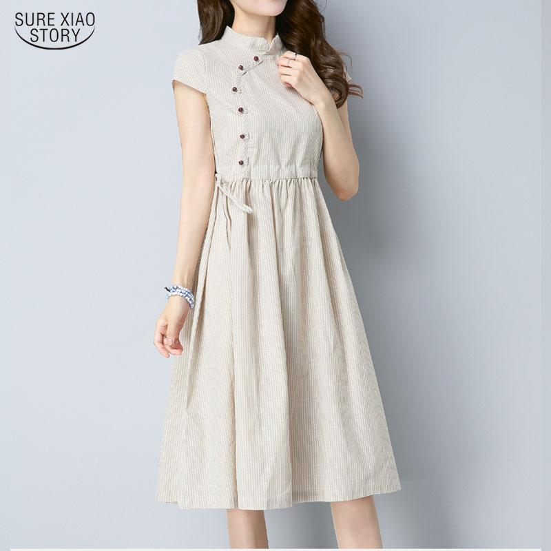 

Casual Dresses Spring Vintage Summer Dress A-Line Women Loose Striped Cotton Linen Korean Style Vestidos With Chic Button 4960, Black;gray