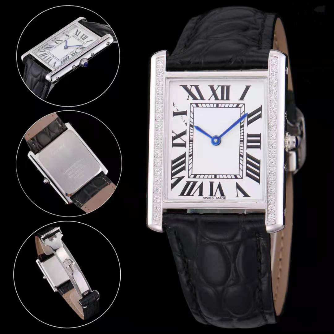 

Men Women Stainless steel case white dial watch Quartz watches Leather strap Diamonds Bezel 082, Leather 28x40mm