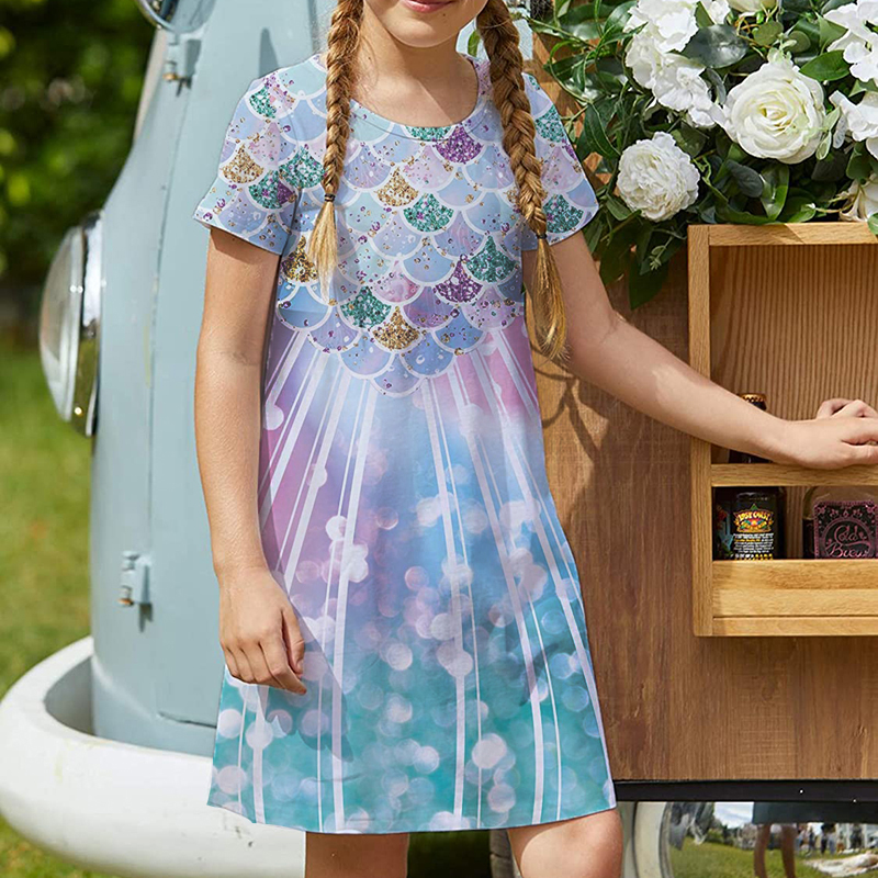 

Fresh design girls dress short-sleeved printed dress children's casual dress A-line skirt length over the knee simple, elegant and colo, Red;yellow