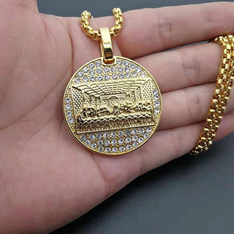 

Pendant Necklaces Hip Hop Shiny Rhinestones Paved The Last Supper Round Pendants For Men Gold Color Stainles Steel Jewelry Father Gift
