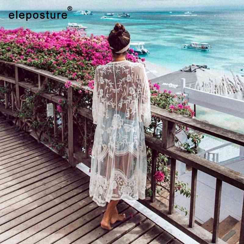 

Sexy Lace Embroidery Beach Cover Up Women Bikini Long Dress Tunics Swimsuit Bathing Suits - wear 210521, White