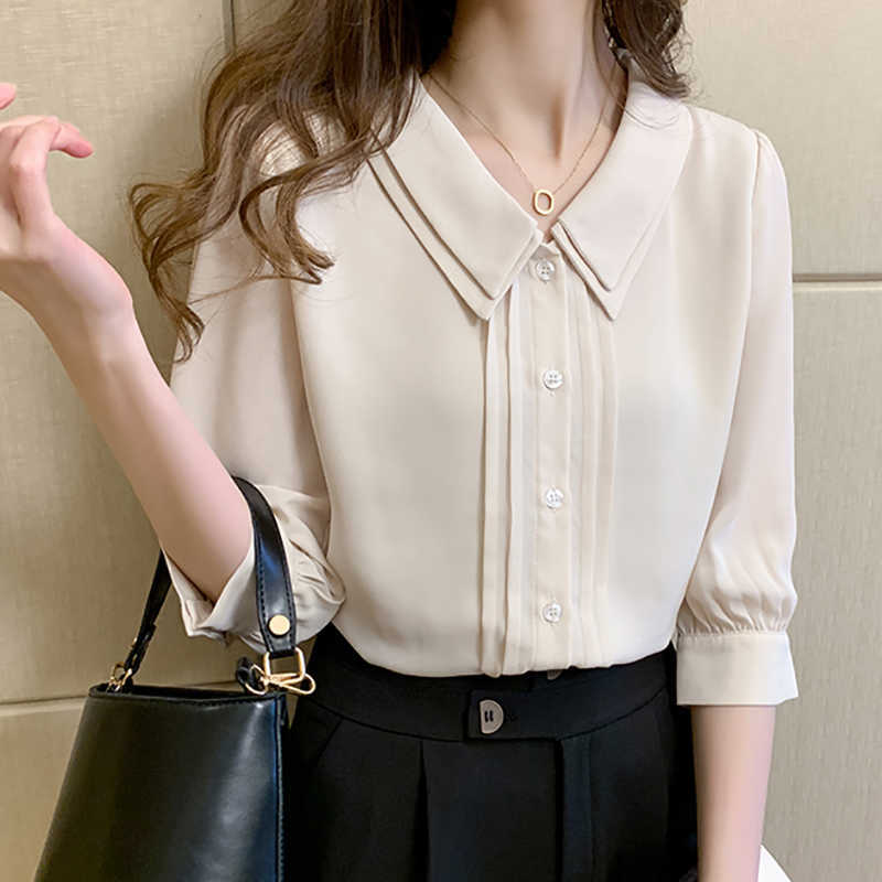 

Peter Pan Collar Pullover Shirt Women Summer Tops Half Sleeve Casual Woman Clothes Button Chiffon Blouse Chemisier Femme 210721, Apricot blouse