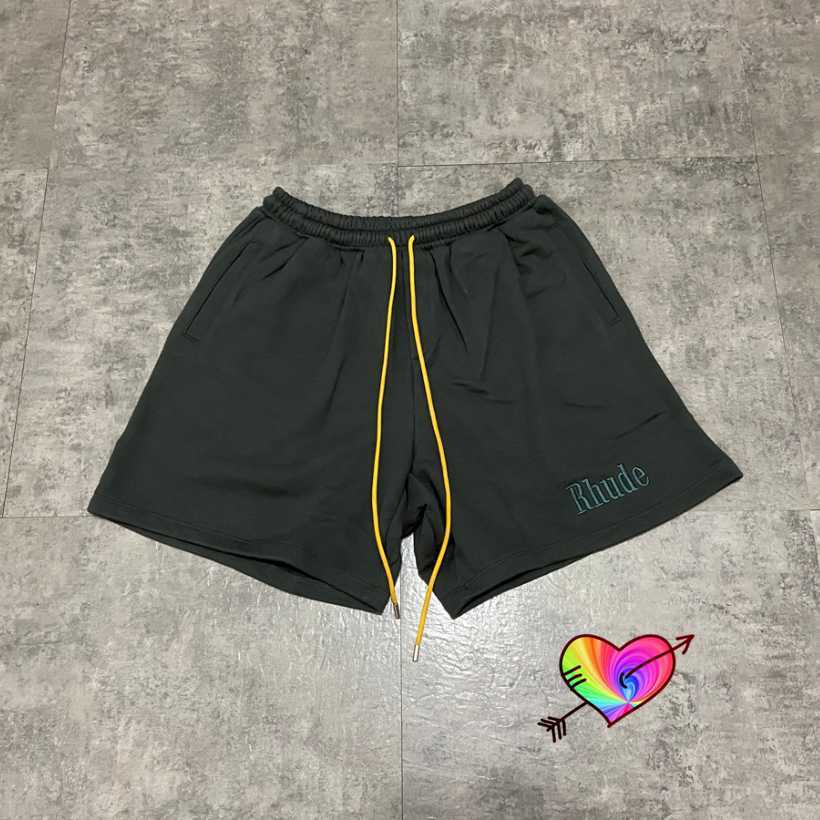 

2021 Dark Grey RHUDE Embroidery Shorts Men Women 1:1 Quality Vintage Rhude Shorts Thick Fabric High Street Solid Breeches X0628