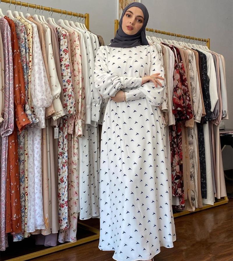 

Casual Dresses Refreshing White Print Maxi Dress For Women 2021 O Neck Long Sleeve Middle East Arabic Muslim Dubai Oman Moroccan Turkey Clot