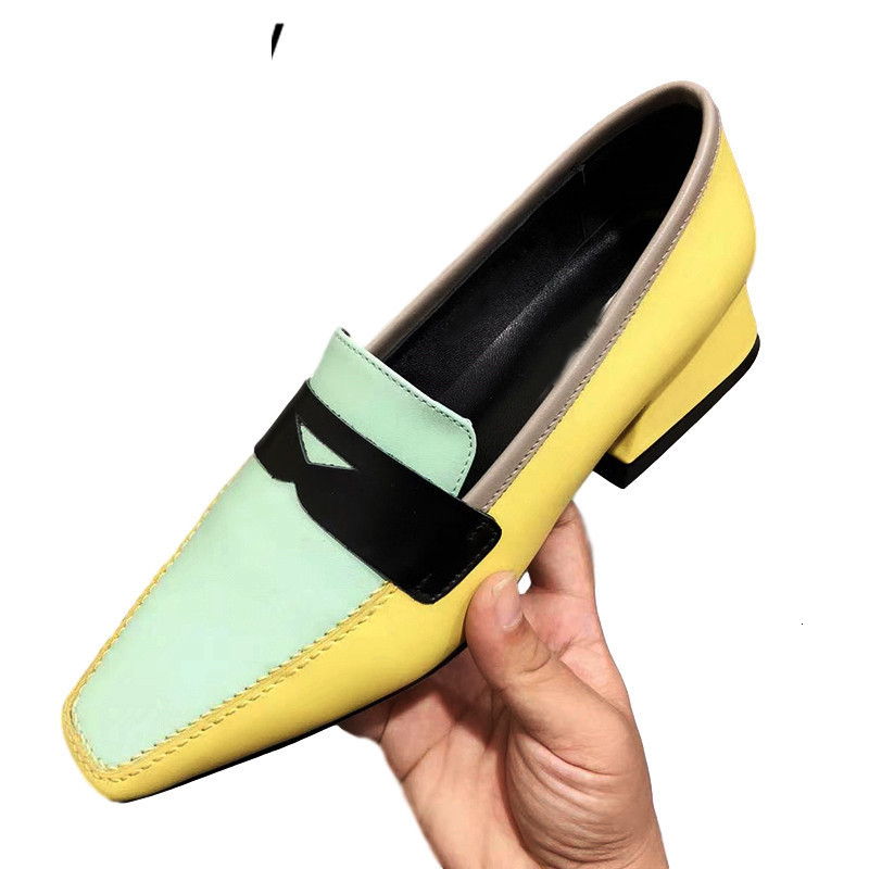 

Sandals spring summer pumps chunky heels lazy loafers square toe patchwork real leather women dress leisure shoes for ladies M8WB, Yellow