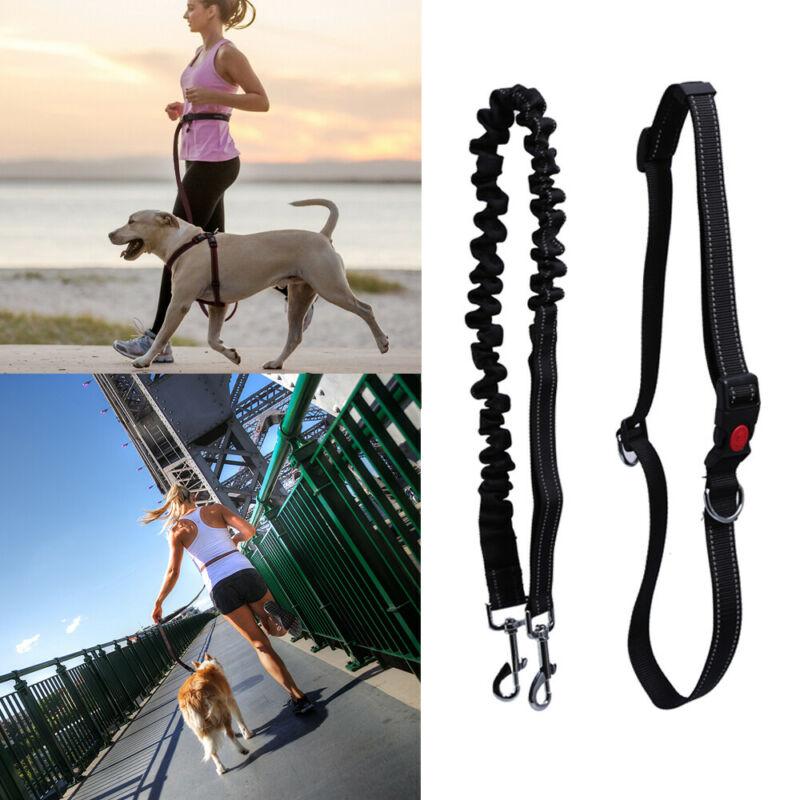 Hands Free Dog Lead Black for Small Medium Large Dogs 2 Handles Bungee Nylon Dog Leash with Adjustable Waist Belt for Walking Running Hiking Reflective Stitching Elastic Long 1.5m to 2m