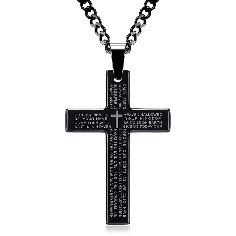 

Pendant Necklaces Retro Jesus Scripture Cross Necklace Stainless Steel Black Prayer Collar Text Men's Wholesale Jewelry