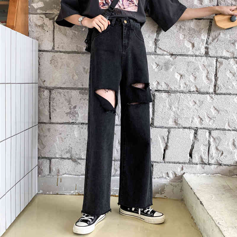 

streetwear high waist women' fashion jeans woman ripped hole women wide leg pants trousers female denim black mom jeans 210519, Blue
