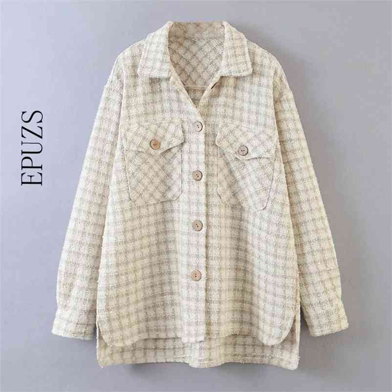 

aurumn loose lapel plaid jacket women winter coat casual pockets chic outwear long sleeven button thick 210521, Beige