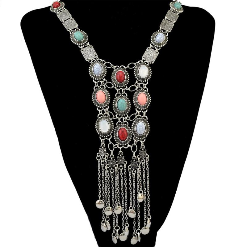 

Ethnic African Antique Silver Gold Resin Beads Stone Bib Statement Long Necklaces For Women Boho Party Charm Gypsy Jewelry Chains