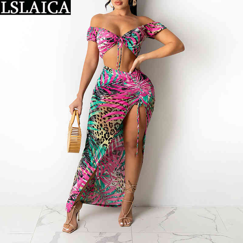 

Suit with Skirts for Women Crop Top Drawstring Long Skrits Flroal Print Sexy Female Summer Evening Party Club Two Piece Set 210520, Green