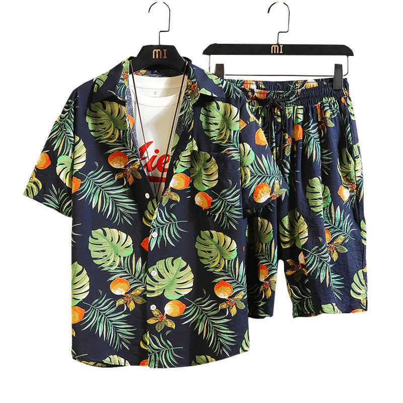

Men Hawaiian Print Shirt Sets Summer Short Sleeve Men Button Casual Floral Shirt Suit Coconut Daily Beach Shorts 2-piece 210603, Kcd522 1