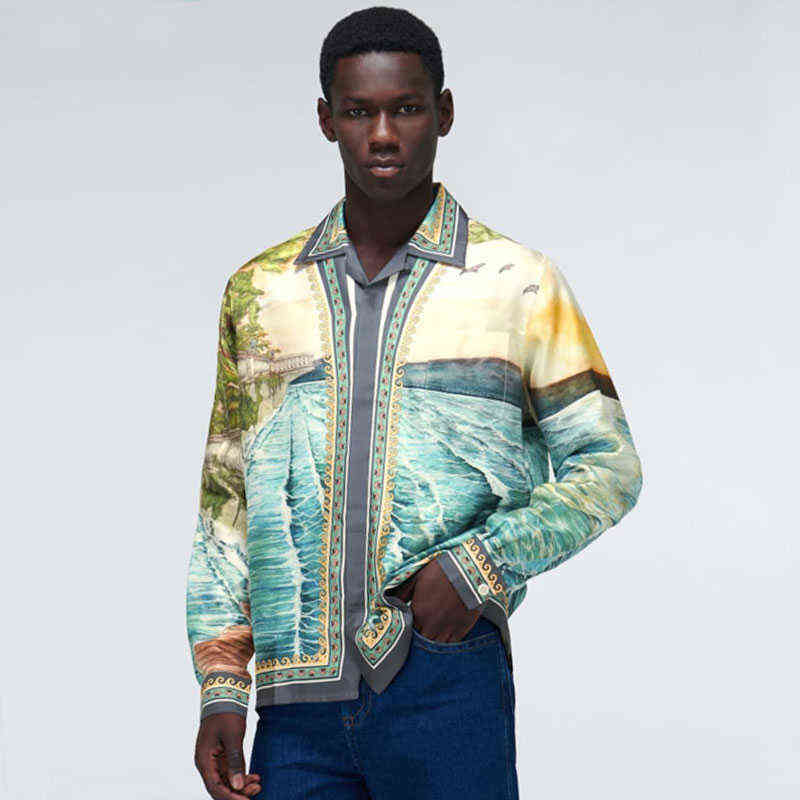 

Beautiful fashion Casablanca ss21 spring and summer sunset afterglow printed cool Satin Hawaiian Long Sleeve Shirt, Color