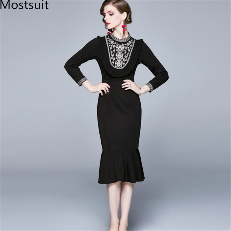 

Autumn Runway Floral Embroidered Mermaid Dress Women Long Sleev O-neck Elegant Ladies Dresses Vestidos Femme 210518, Black