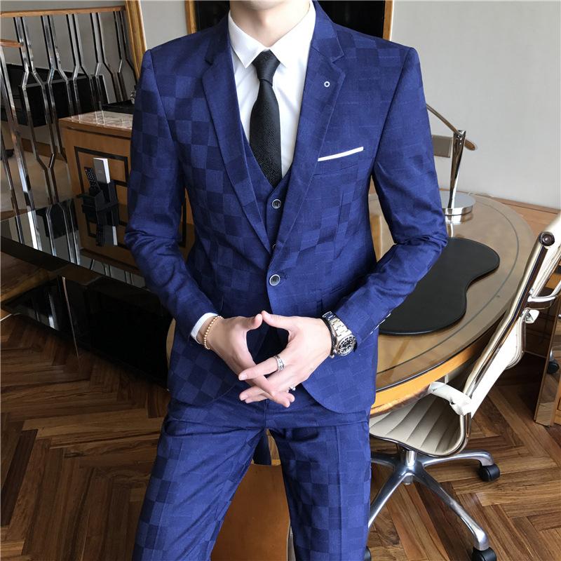 

Men's Suits & Blazers Three-piece Suit Is Business Casual Male Grid Career Cultivate Morality The Groom's Man Wedding Dress, Blue