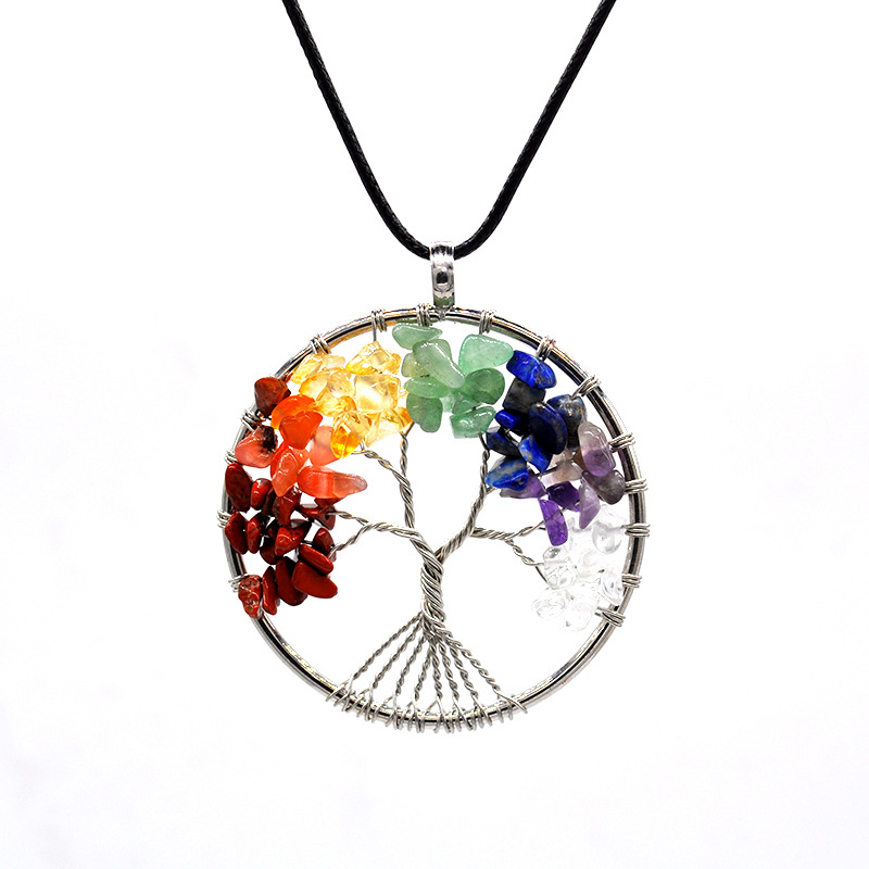 

Bohemian Natural Gravel Crystal Kabbalah Tree of Life Pendant Necklace Black Leather Chain Necklaces