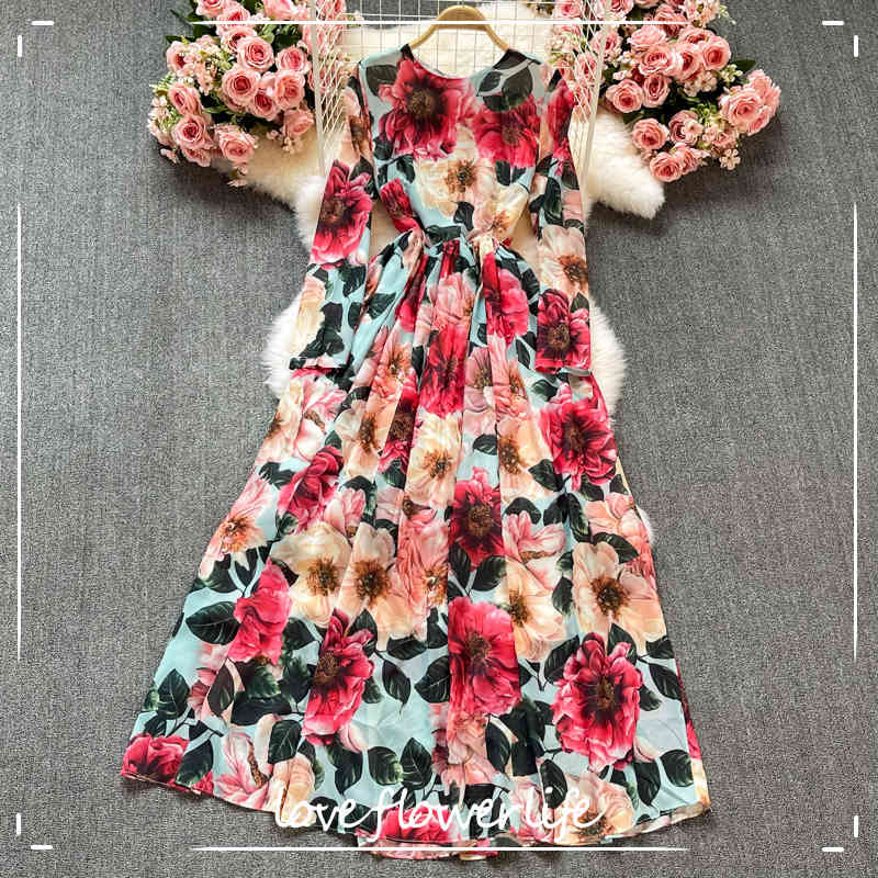 

LoveFlowerLife Summer Vintage Floral Print Dress A Line O Neck Full Elegant High Waist Mid-Calf Women Dresses 210521, Red